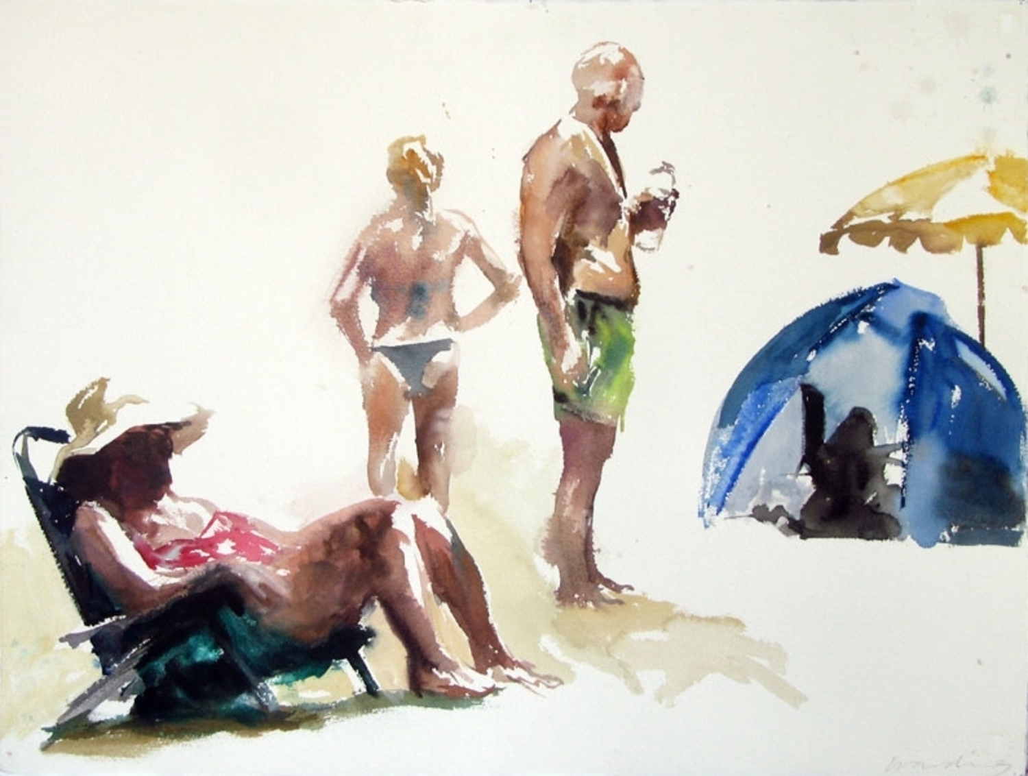 Beach tent, umbrella and figures