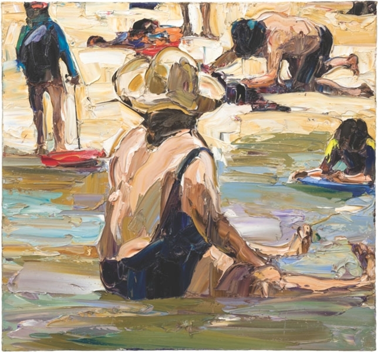 In the shallows (four figures, legs and boards)