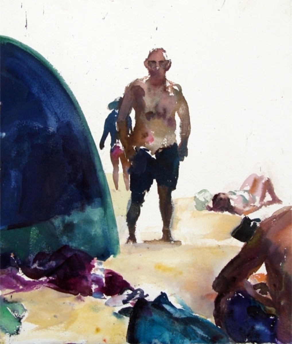 Beach tent, figures and waterbottle
