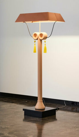 A photo-realistic image of a modern floor lamp inspired by a Ming Dynasty temple. Full object in an empty room.